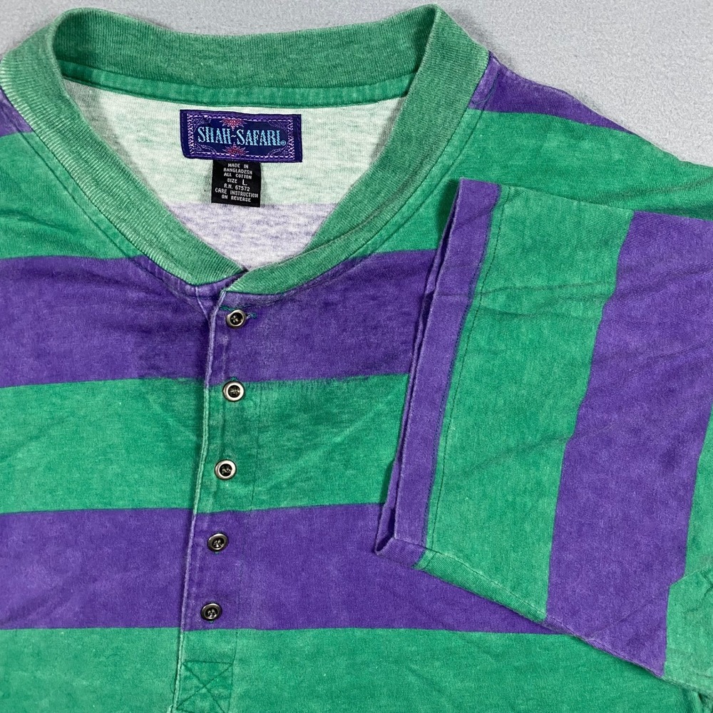Vintage Shah Safari Mens Large Green‎ Purple Striped Cotton Henley T-Shirt L